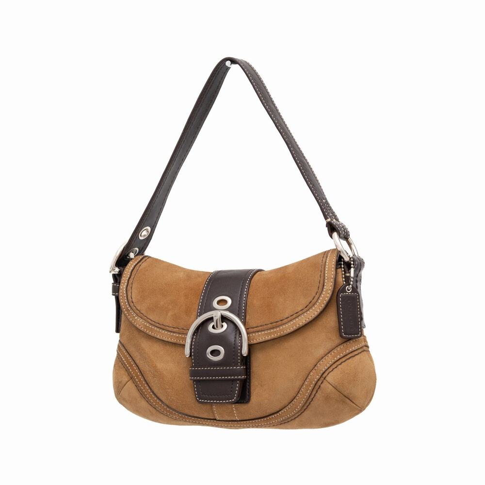 COACH VTG Soho Small Buckle Shoulder Bag Tan Suede Brown Leather Y2K F10917 - Picture 3 of 15
